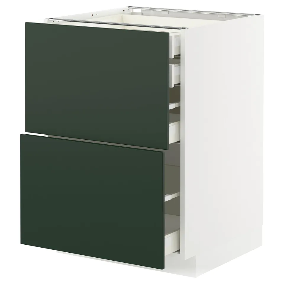 Modern kitchen cabinet in white with green drawers, sleek minimalist design.