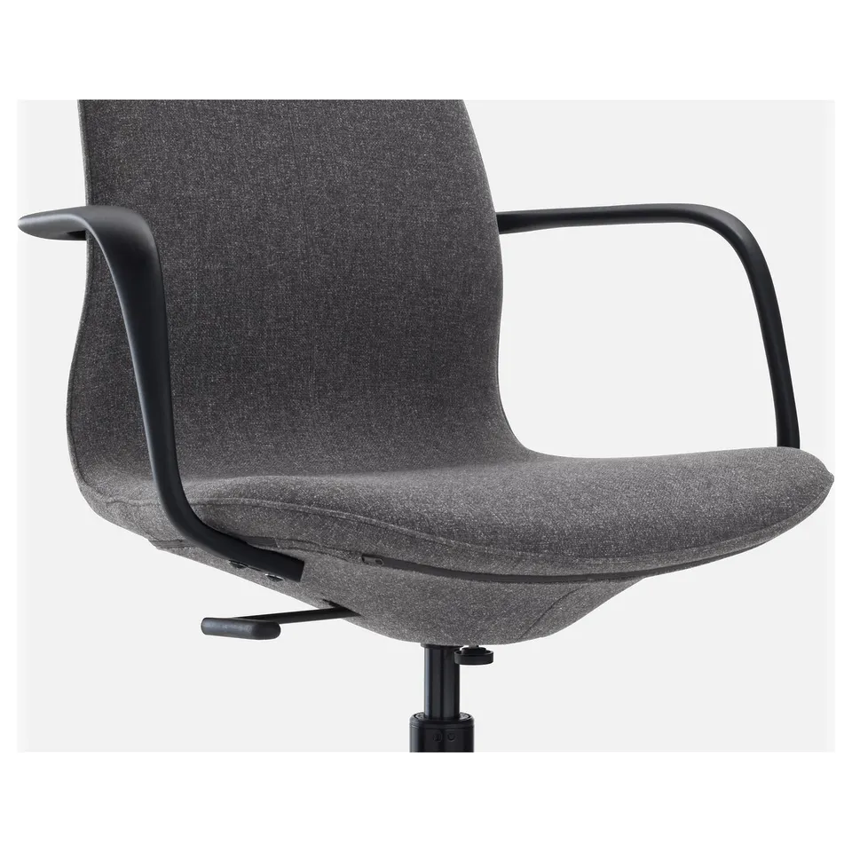 A grey office chair with a high back, armrests, and a lumbar support system visible from the side.