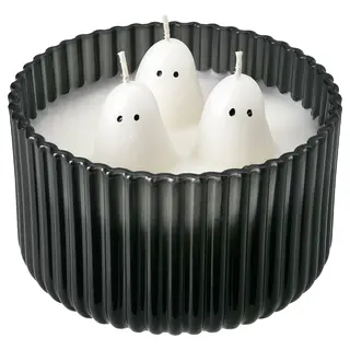 KUSTFYR scented candle in glass, 3 wicks, Jelly candy ghost/black/white, Height 10 cm