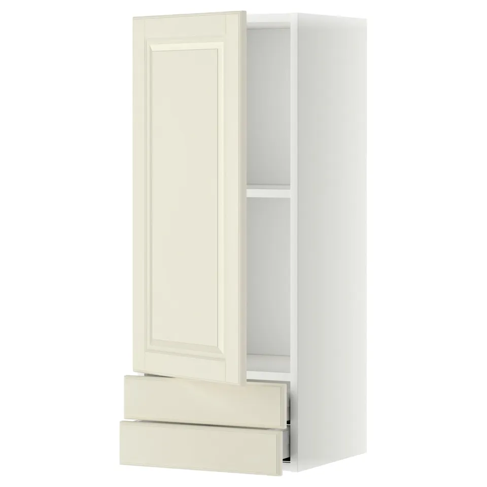 An off-white METOD kitchen cabinet with a door and two drawers, featuring bevelled edges, a sturdy frame, and a shelf inside.
