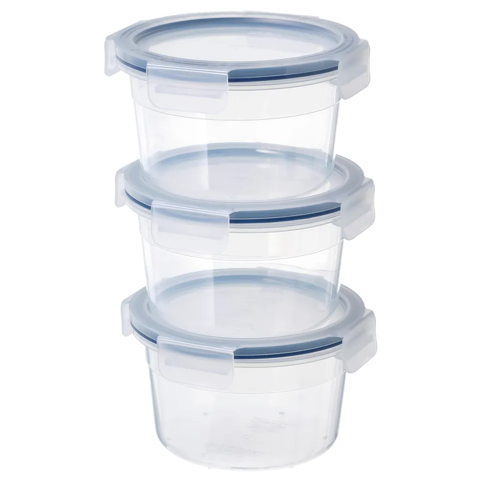 Three clear plastic round IKEA 365+ food containers stacked, blue lids.