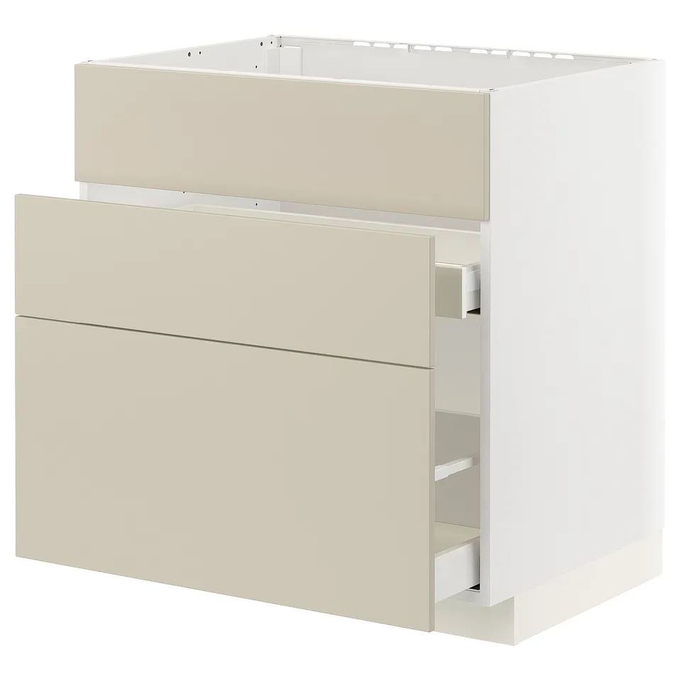 Modern beige kitchen cabinet with smooth, minimalist design and full-extension drawers.