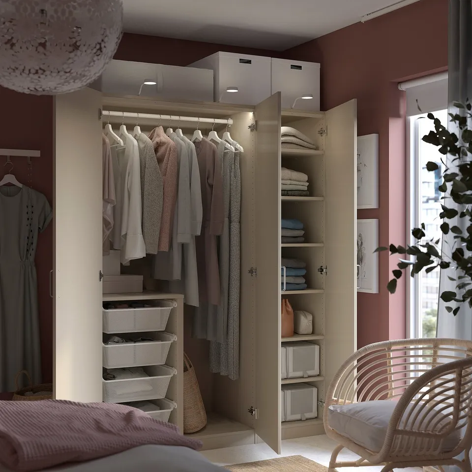 Bedroom closet with clothes, junction, PAX wardrobe, light wood, shelves, organised.