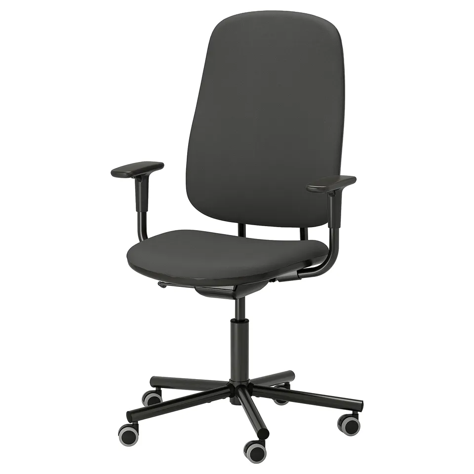Black office chair, TROTTEN, fabric upholstery, adjustable armrests, five wheels, ergonomic design.