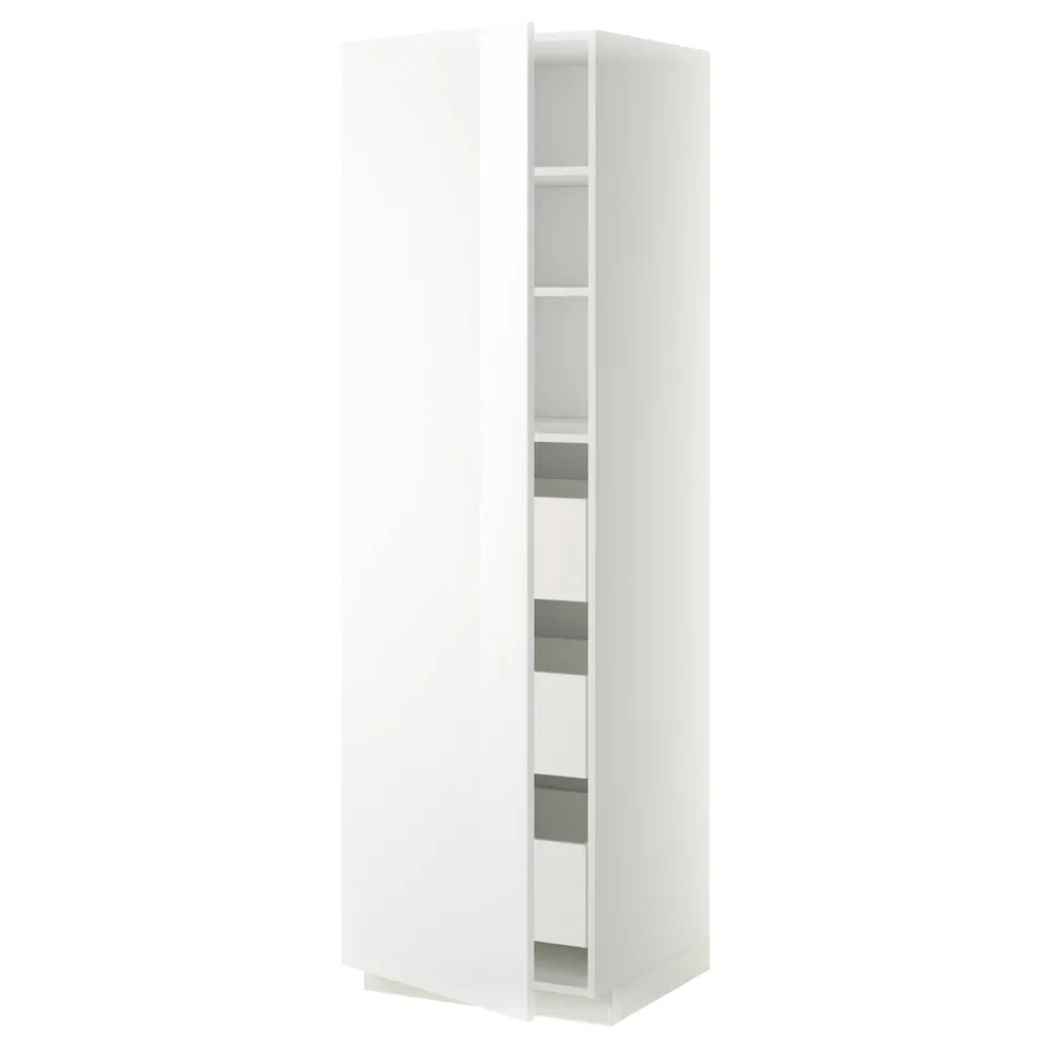 White METOD kitchen cabinet, glossy finish, rectangular shape, tall and slim design.