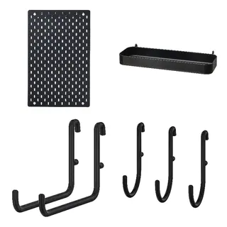 SKÅDIS set: pegboard + shelf + hook + hook, black, 36x56 cm