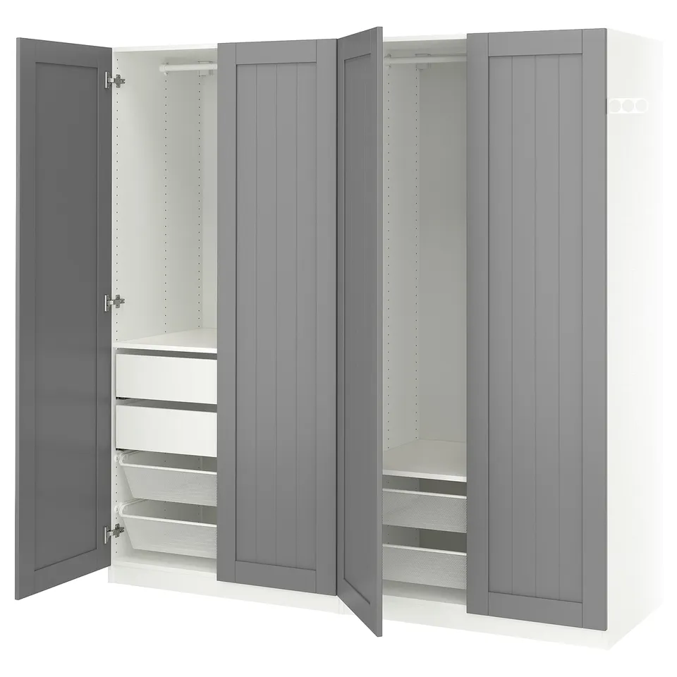 A grey PAX wardrobe with open doors, revealing shelves and drawers.