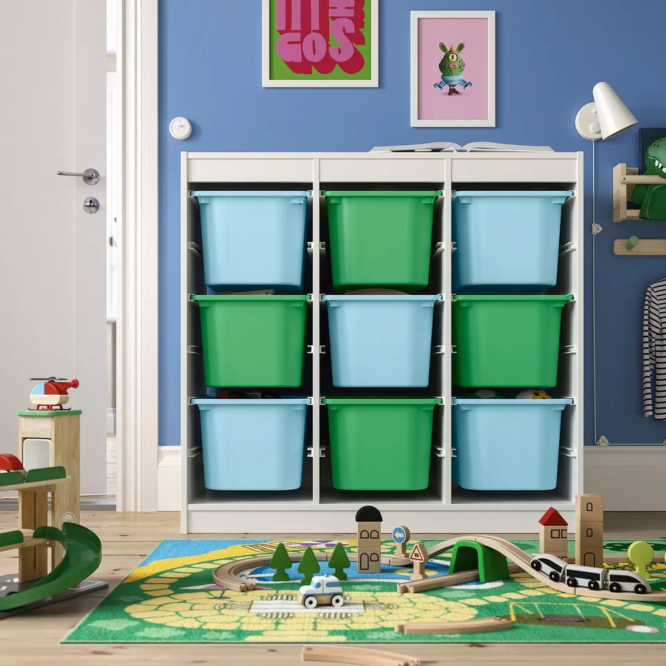 TROFAST Storage combination with boxes, room divider white/light blue bright green, 99x44x95 cm