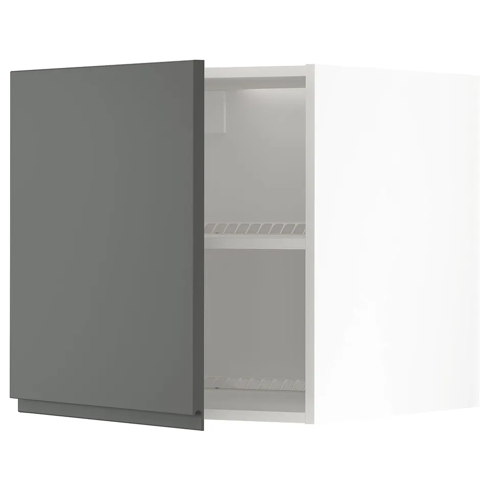 Grey kitchen cabinet METOD with dark grey voxtorp fronts and integrated handles, open showing interior shelves.