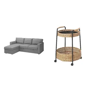 BÅRSLÖV/LUBBAN set: 3-seat sofa-bed with chaise longue + trolley table with storage, Tibbleby beige/grey + rattan/anthracite, Width 236 x Depth 153 x Height 90 cm