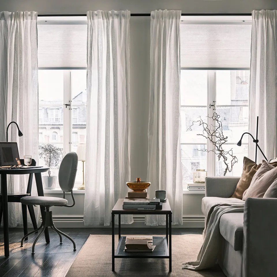 DYTÅG Curtains, 1 pair, white/with heading tape, 145x250 cm