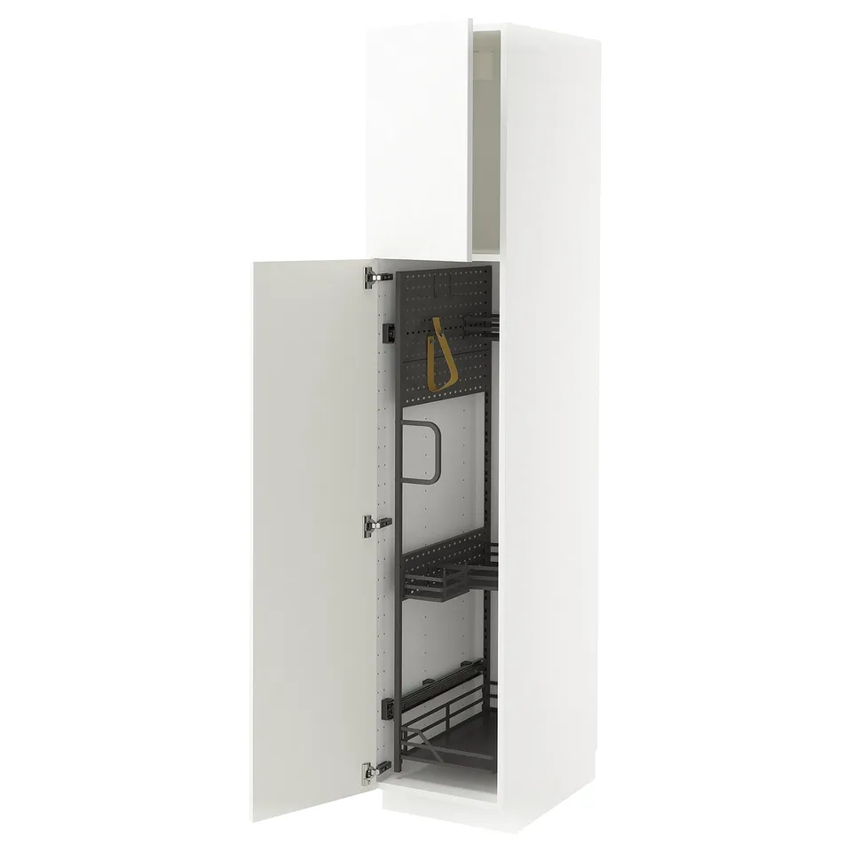 White METOD kitchen cabinet, sleek modern design, high-gloss finish, open door revealing pull-out organisers.