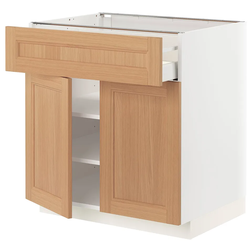 METOD kitchen unit with vedhamn oak drawers and doors, white base, three compartments, adjustable shelves.