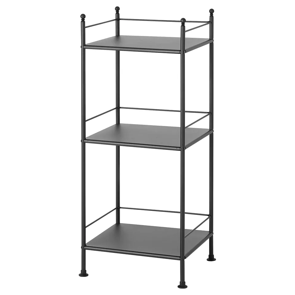 A black, three-tiered bathroom storage unit named FRÖSJÖN. Made of steel and plastic with a modern, traditional twist design.