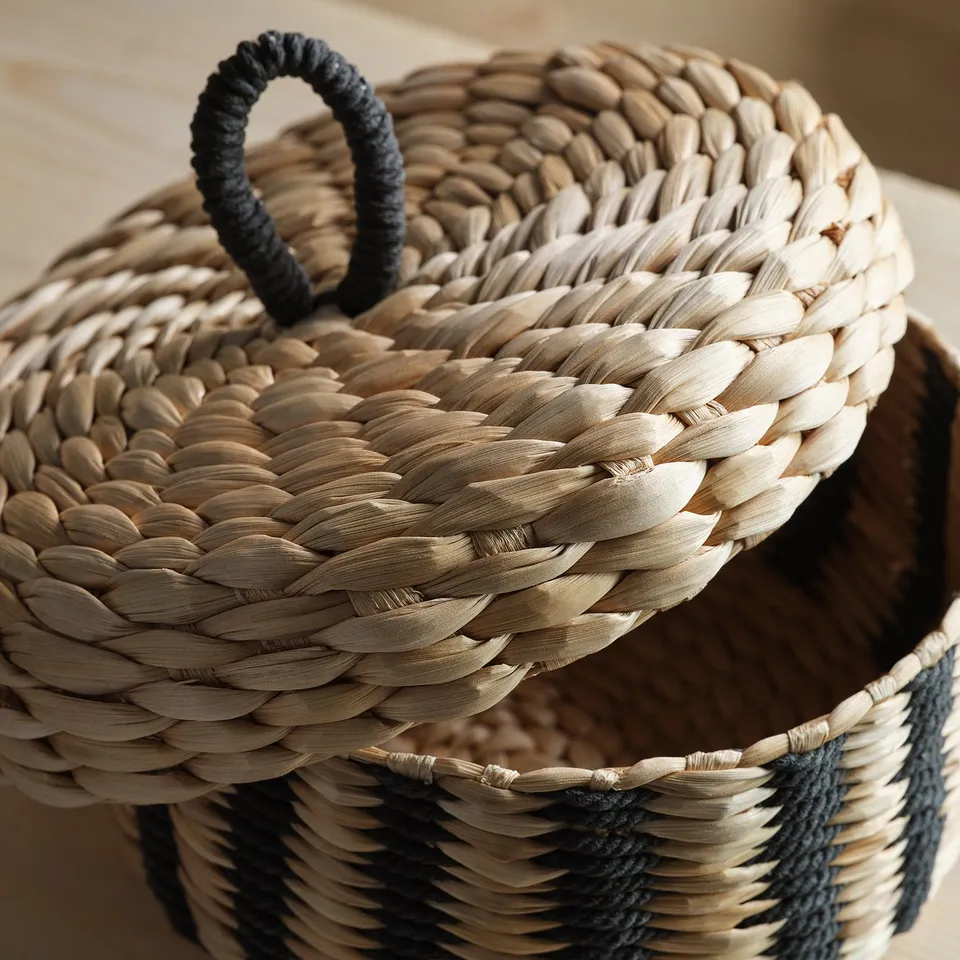 MÄVINN Box with lid, banana fibre/black stripe pattern