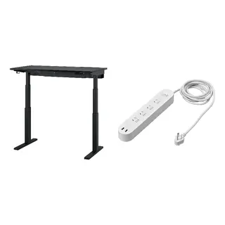 KOPPLA/MITTZON set: desk sit/stand + 4-way socket with 2 USB ports, electric black stained ash veneer/black + white, 120x60 cm