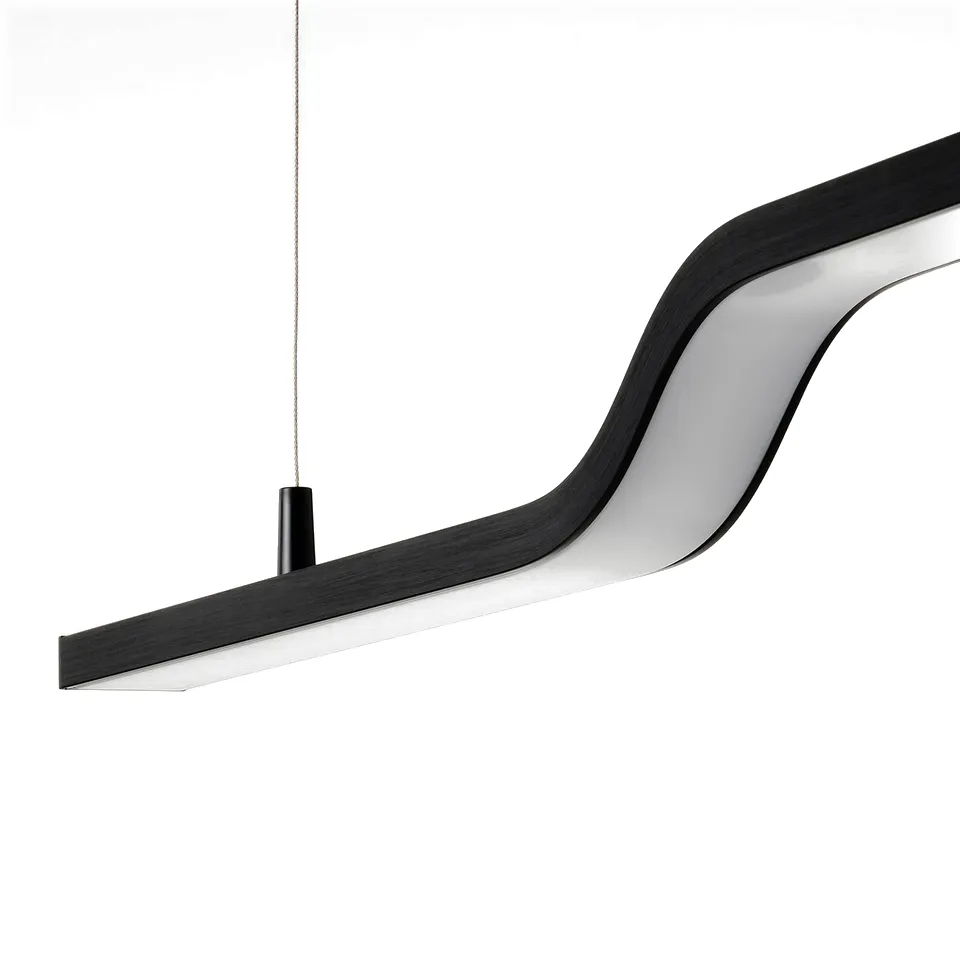 Modern bent led pendant lamp with dynamic light effects.