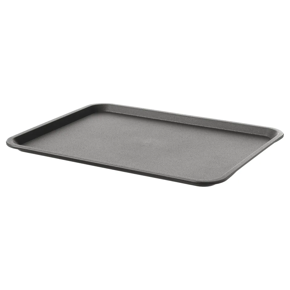 TILLGÅNG grey rectangular plastic tray, angled edges, dishwasher-safe.