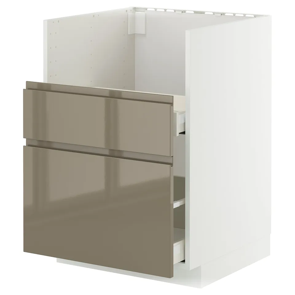 Modern, high-gloss dark brown-grey kitchen cabinet with integrated handles and stainless steel trim.
