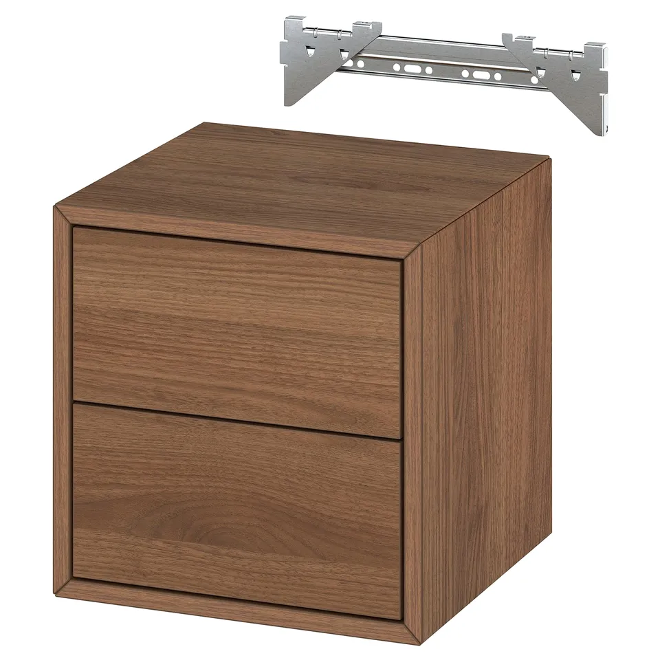 An EKET brown wooden cabinet with two drawers and a wall-mounting rail. Its square-shaped with sleek design.