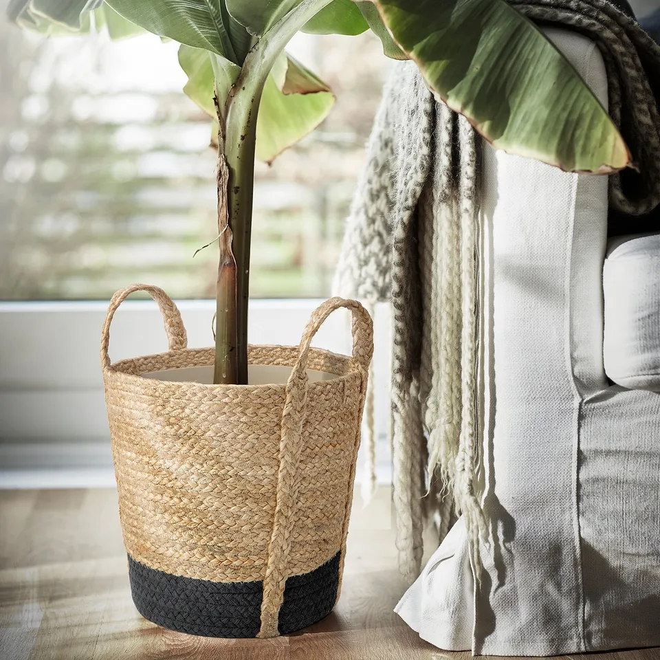 A woven jute plant basket with handles, holding a banana tree, bringing warmth and nature into a cosy indoor corner.