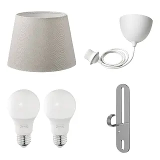 FÖRUT/HAVSDJUP/SKOTTORP/SOLHETTA set: lamp shade + cord set + LED bulb E27 470 lumen + pendant/ceiling lamp hook, light grey + white + globe opal white, 42 cm