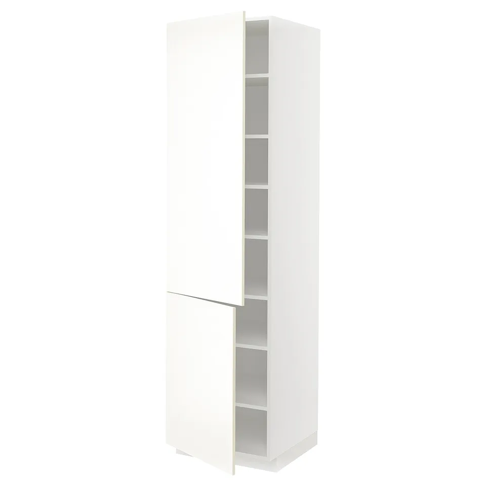 A white METOD kitchen cabinet with adjustable shelves and doors, featuring a modern design.