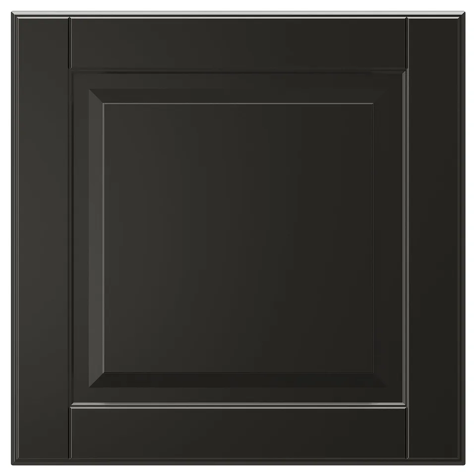 Black square cabinet drawer front with bevelled panel design, smooth lacquered surface.