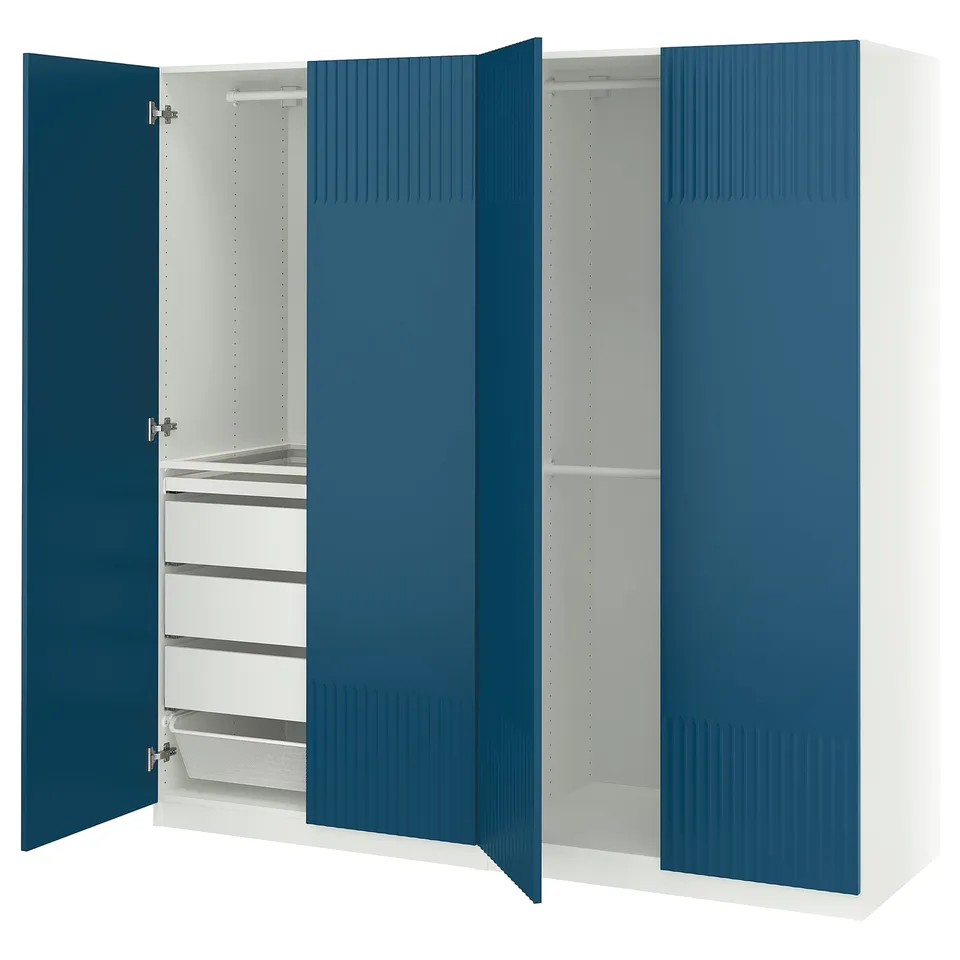 Open blue PAX closet with shelves, drawers, and mesh basket.