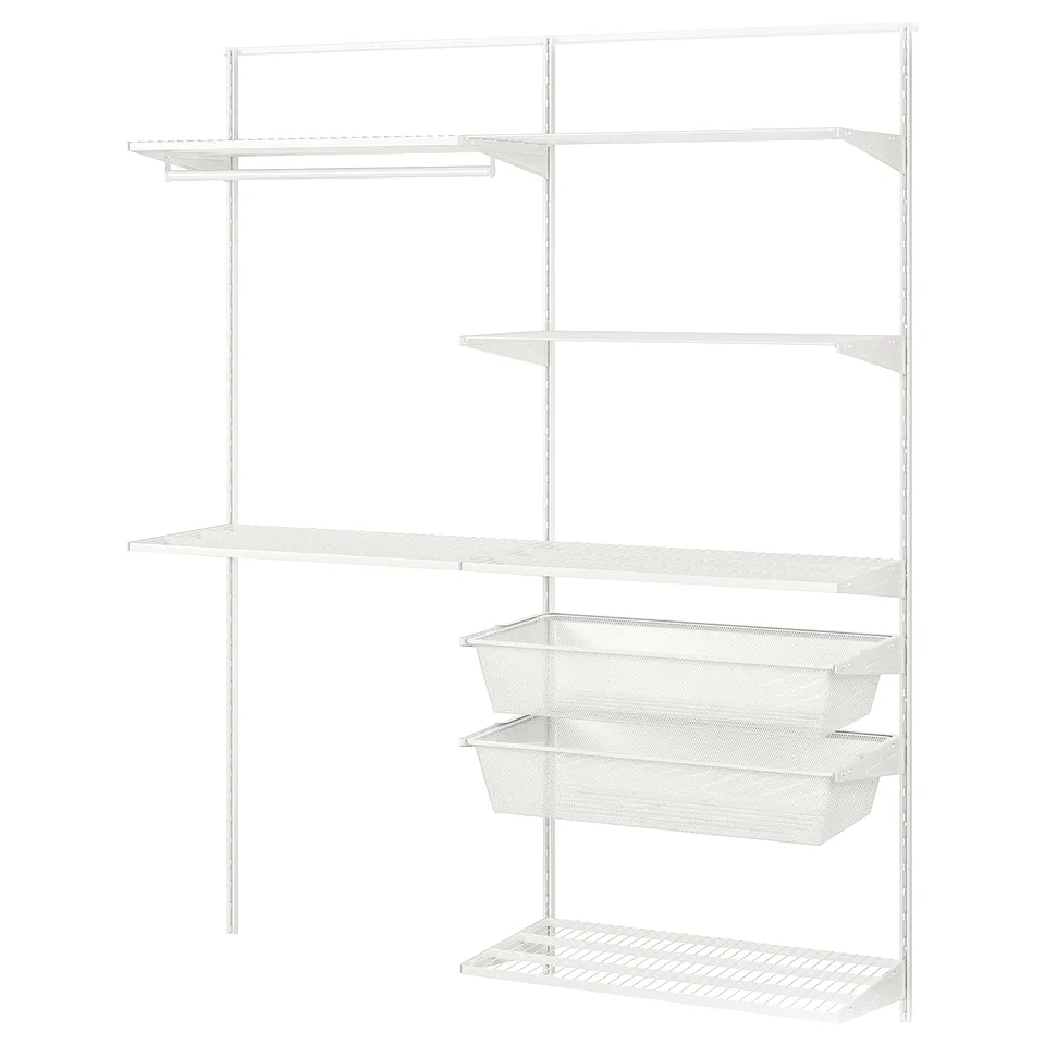 White BOAXEL wall storage system with shelves and baskets.