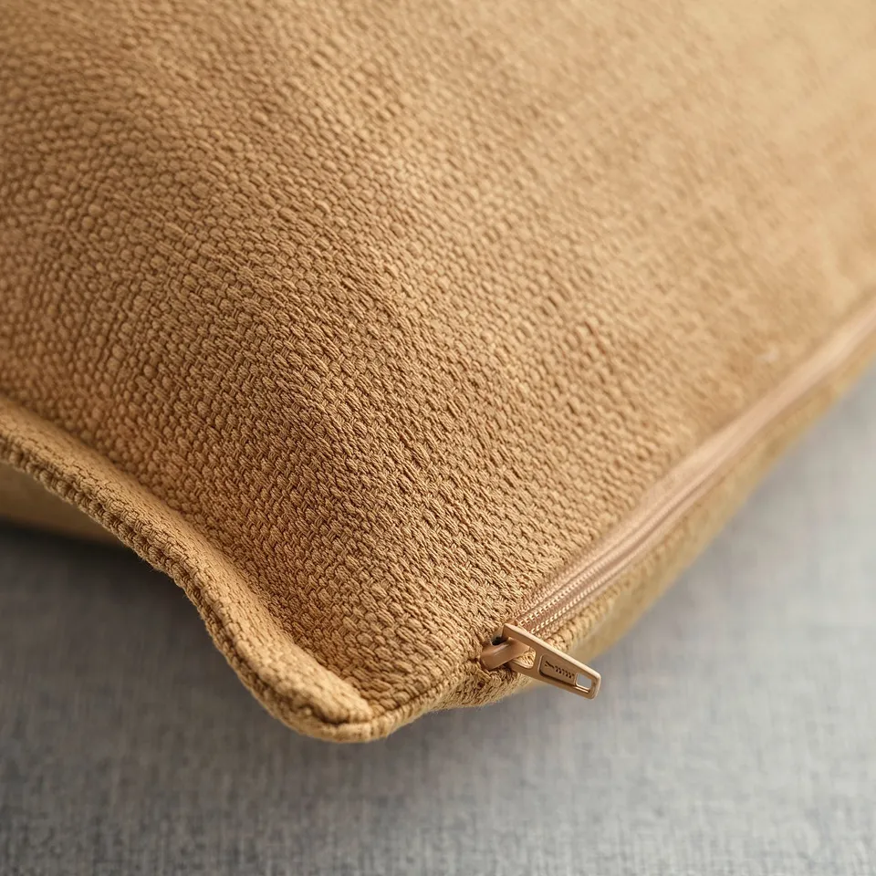 A close-up of a textured, beige cushion cover with a gold zip, showcasing its high-quality material and craftsmanship.