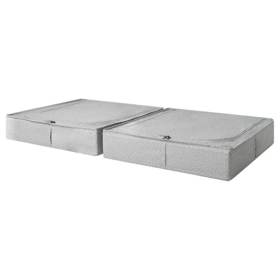 Pair of grey fabric storage boxes with zippers.