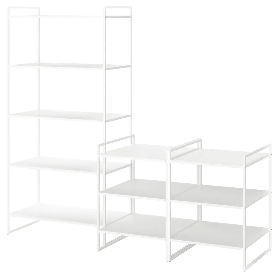White JONAXEL metal shelving system with multiple tiers for versatile storage.