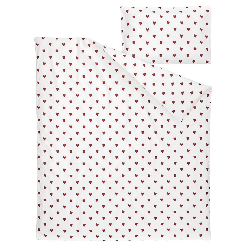 White duvet & pillow with red hearts, cotton, soft, zip closure.