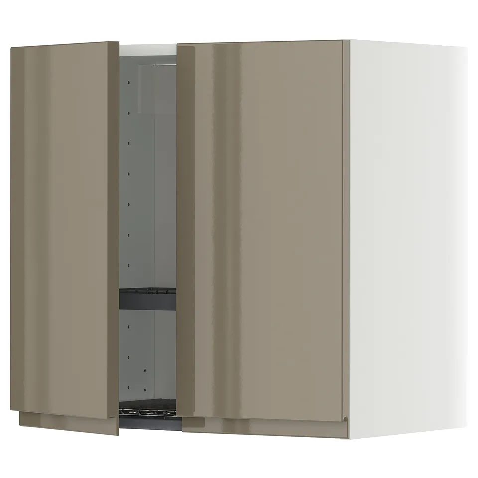 The METOD cabinet high-gloss dark grey-brown doors with sleek handles, offering a stylish storage solution for kitchens.