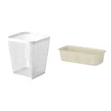 DRÖNJÖNS/NOJIG set: pen cup + organiser, white + plastic/beige, Height 11 x Length 10 x Width 10 cm