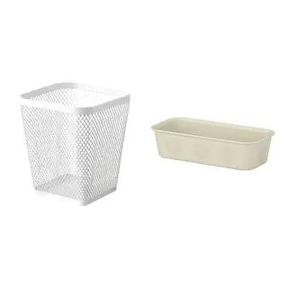DRÖNJÖNS/NOJIG set: pen cup + organiser, white + plastic/beige, Height 11 x Length 10 x Width 10 cm