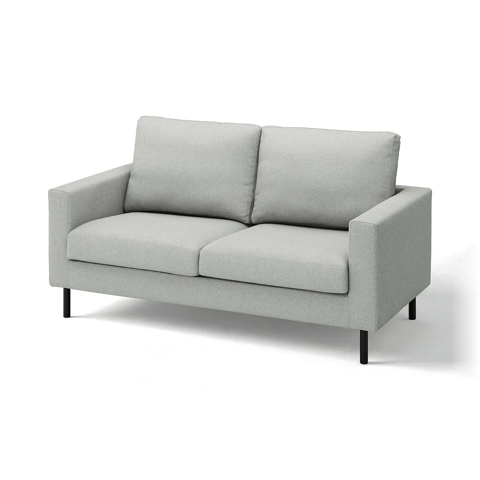Modern grey loveseat with clean lines, plush cushions, and dark wooden legs.