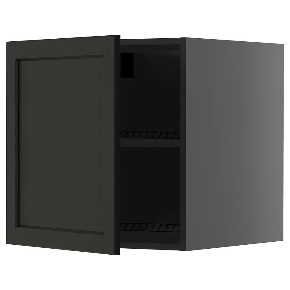 Black kitchen cabinet with open door, two shelves.