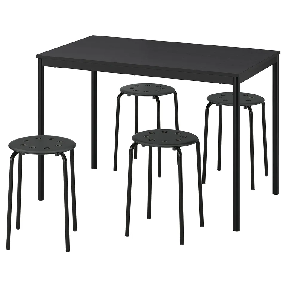 A black sandberg dining set featuring a rectangular table and three round stools with metal legs and perforated seats.