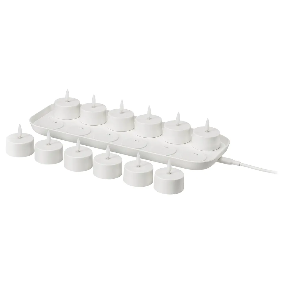 SKATGÅS led tealight kit, white, 12 tealights and tray, compact, safe, flickering light, usb charged.
