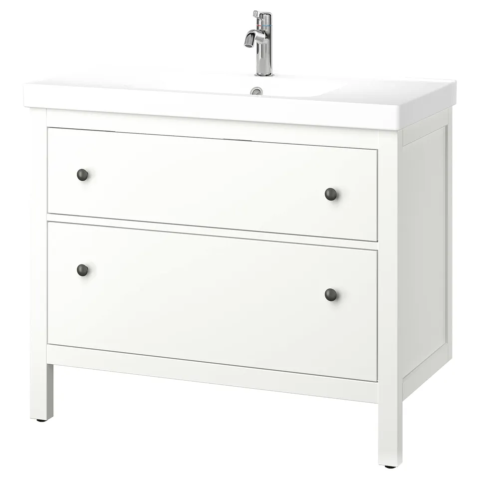 White HEMNES bathroom cabinet, 3 drawers, chrome tap, ceramic basin, scandinavian style.