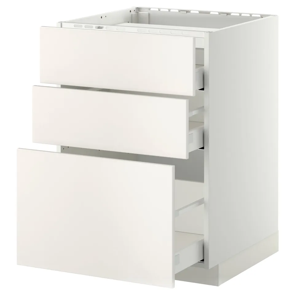 A white METOD kitchen unit with three drawers, featuring smooth lines and soft closing mechanisms.