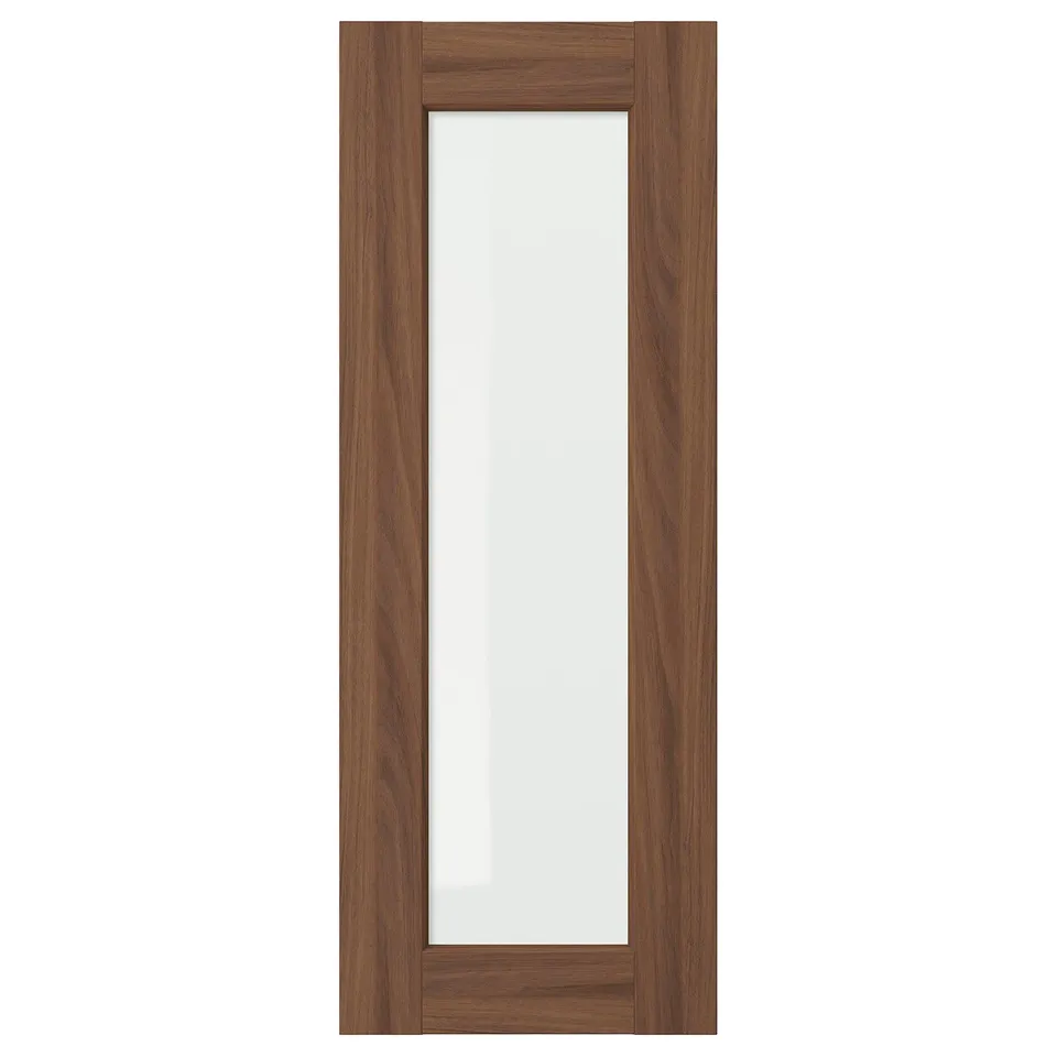 ENKÖPING brown walnut cabinet door with a wooden frame and clear glass panel, classic and durable design.