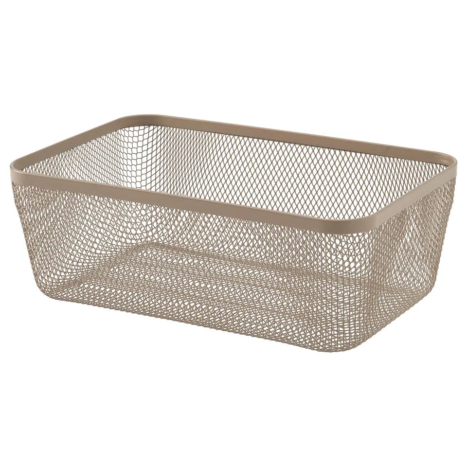 IKEA 365+ mesh basket, beige. Rectangular, open-top design for storing produce, breathable mesh sides.
