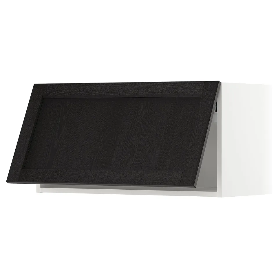Black stained wooden kitchen cabinet with white frame, sleek design.