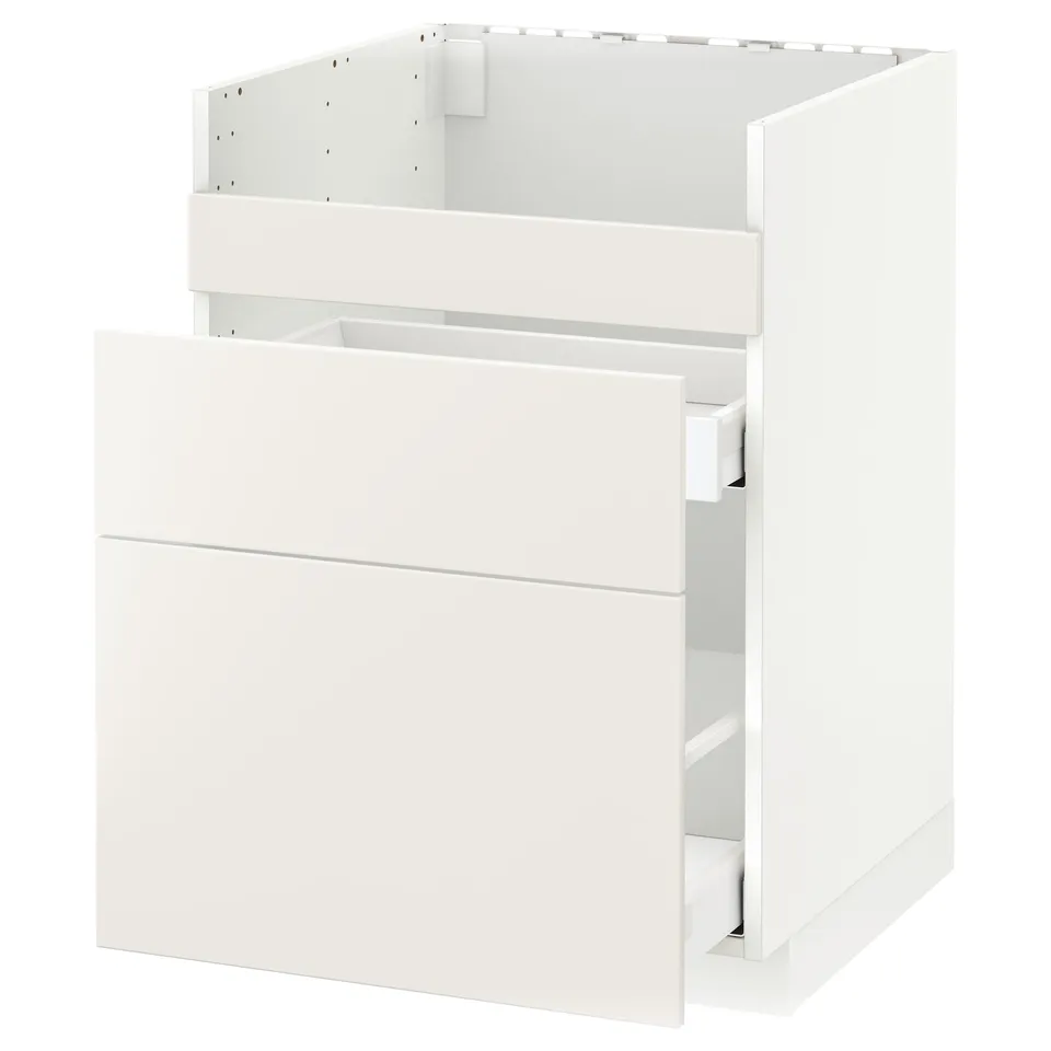 A white METOD kitchen cabinet with smooth veddinge design. It multiple drawers and a modern, minimalist appearance.