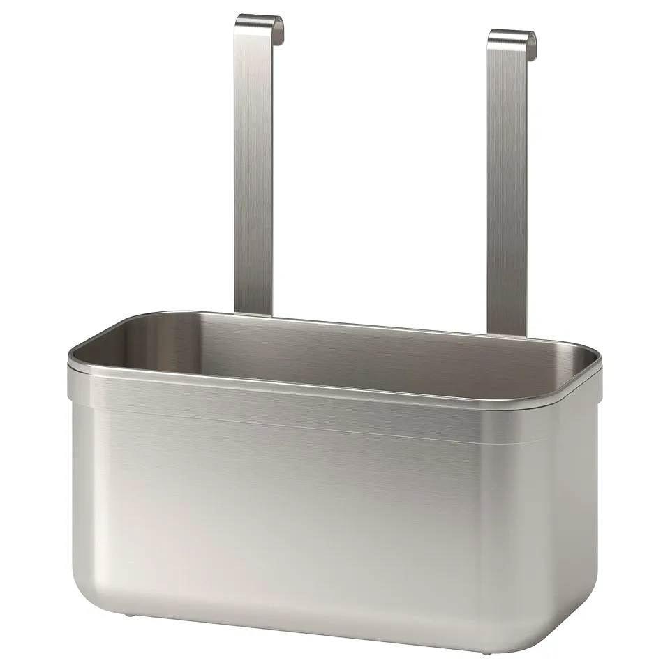 KUNGSFORS stainless steel kitchen caddy, sleek and rectangular, with hooks for wall mounting.