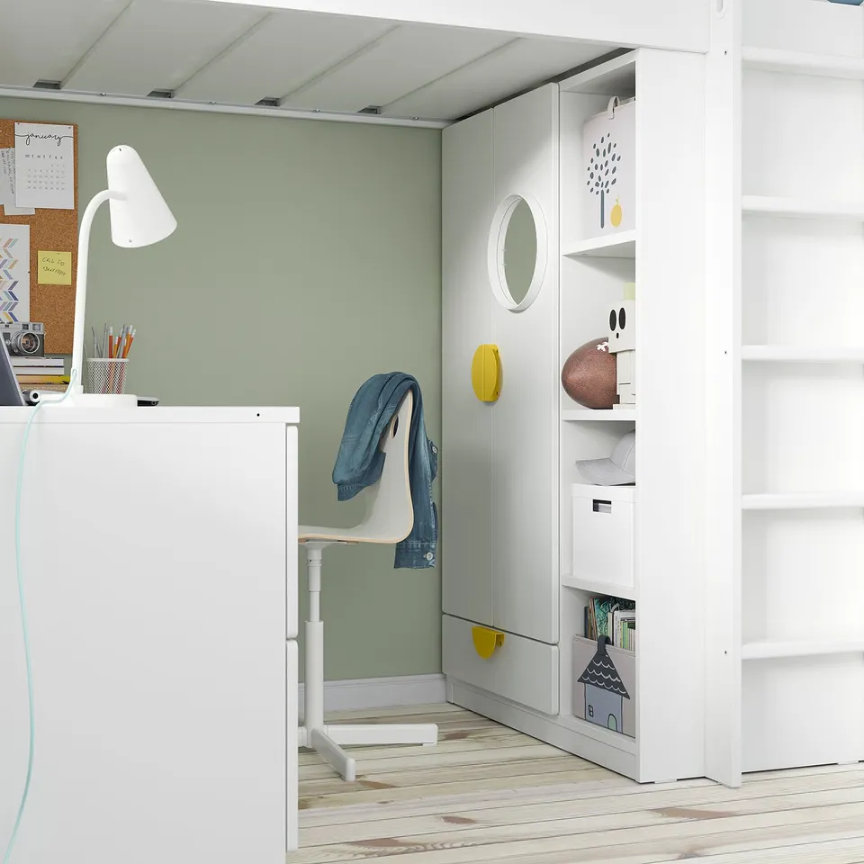 Minimalist kids loft bed with desk, wardrobe, and shelves for sleeping, studying, and storage.