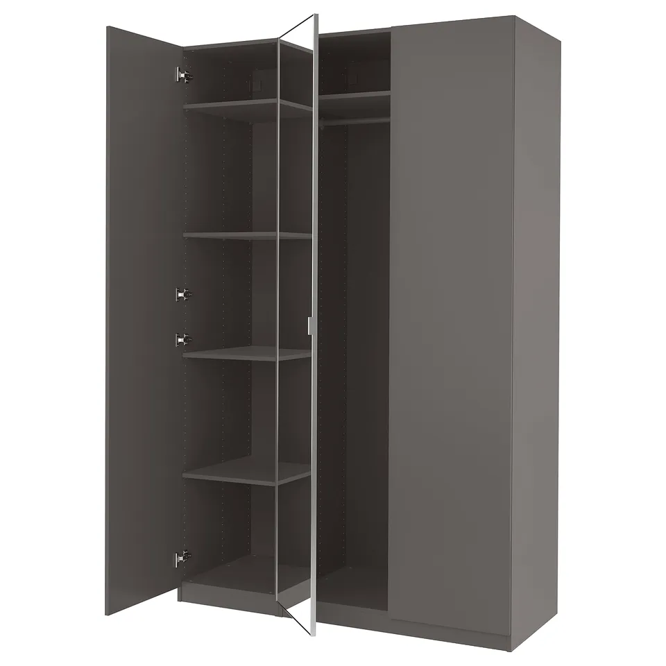 A dark grey PAX wardrobe with mirrored doors and interior shelves.